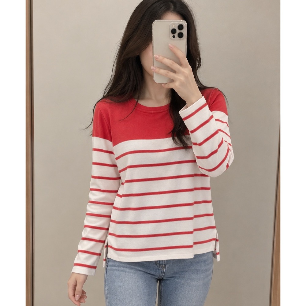 Gap Designed & Crafted Womens Red White Striped Long Sleeve Cotton Tee S